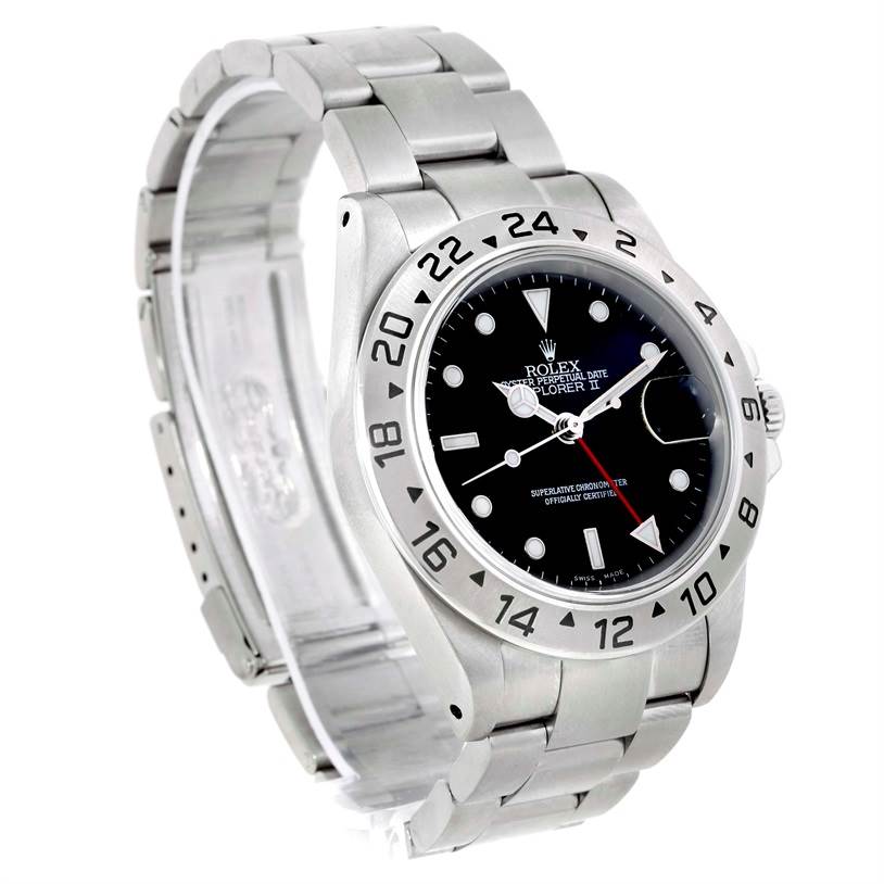 This image shows a side view of a Rolex Explorer 16570 Men's Stainless Steel Black Dial 16570 Men's Stainless Steel Black Dial watch, highlighting the face, bezel, and bracelet.