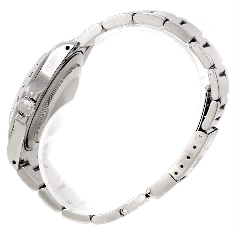 This image shows a side view of the Rolex Explorer 16570 Men's Stainless Steel Black Dial 16570 Men's Stainless Steel Black Dial watch, highlighting the case, crown, and bracelet.