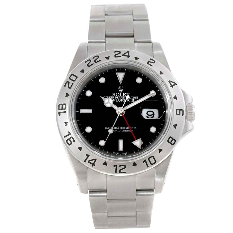 This image shows the front view of a Rolex Explorer 16570 Men's Stainless Steel Black Dial 16570 Men's Stainless Steel Black Dial watch, highlighting the dial, bezel, and bracelet.
