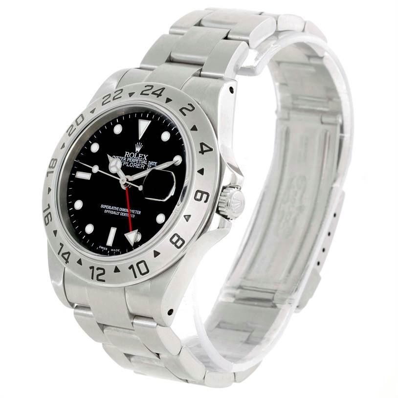 This image shows a Rolex Explorer 16570 Men's Stainless Steel Black Dial 16570 Men's Stainless Steel Black Dial model watch from an angle that highlights its face, bezel, crown, and bracelet.