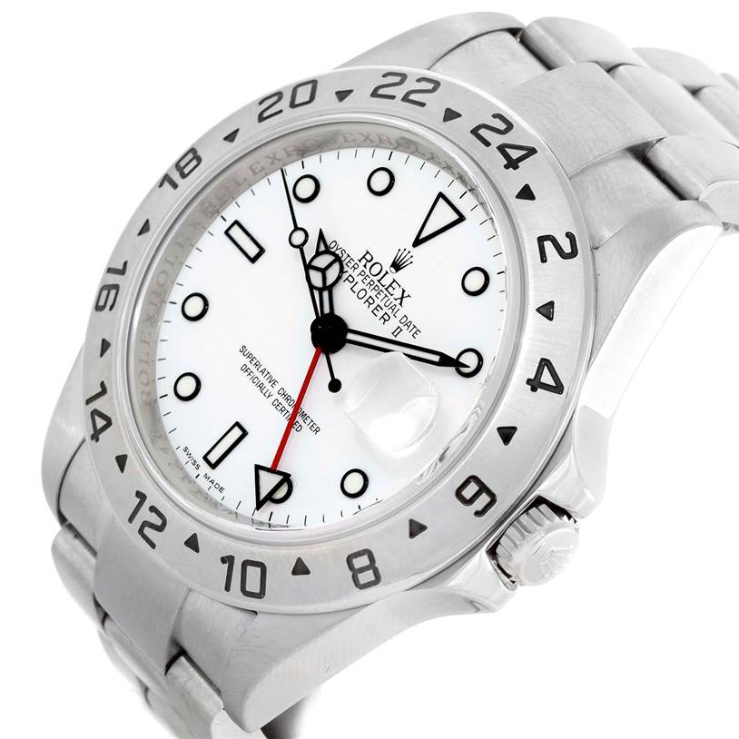 The image shows a Rolex Explorer 16570 Men's Stainless Steel White Dial 16570 Men's Stainless Steel White Dial watch from a tilted angle, displaying the face, bezel, crown, and part of the bracelet.