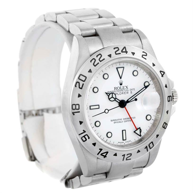 The image shows a front angle of the Rolex Explorer 16570 Men's Stainless Steel White Dial 16570 Men's Stainless Steel White Dial watch, highlighting the dial, bezel, and bracelet.