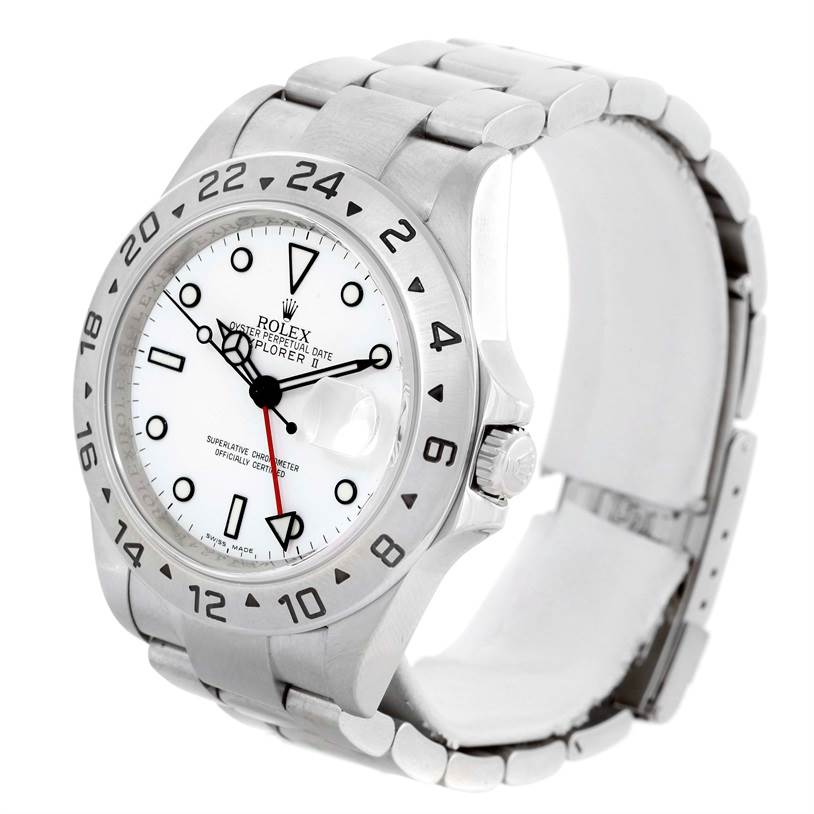 This image shows a Rolex Explorer 16570 Men's Stainless Steel White Dial 16570 Men's Stainless Steel White Dial watch at a three-quarter angle, highlighting the face, bezel, and bracelet.