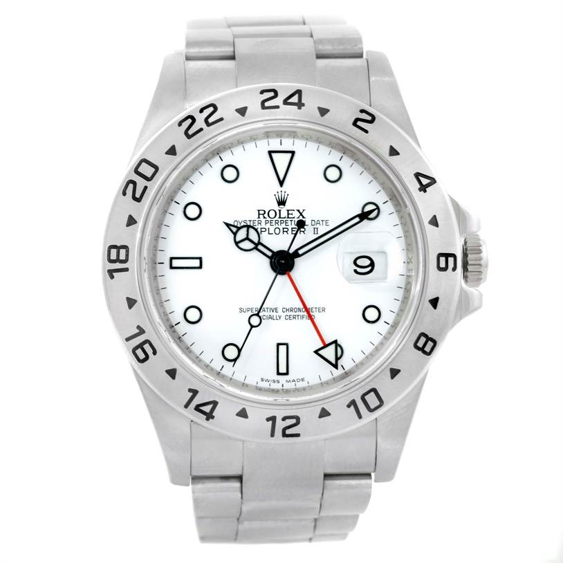 The image shows a front view of a Rolex Explorer 16570 Men's Stainless Steel White Dial 16570 Men's Stainless Steel White Dial with a white dial and a stainless steel bracelet.