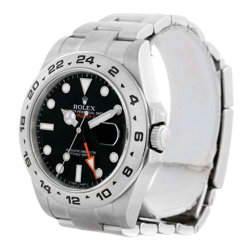 The Rolex Explorer 216570 Men's Stainless Steel Black Dial 216570 Men's Stainless Steel Black Dial watch is shown from a front angle, including its bezel, dial, hands, date window, and bracelet.