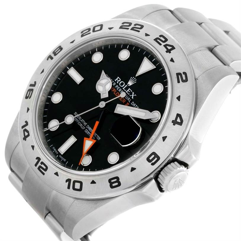 The Rolex Explorer 216570 Men's Stainless Steel Black Dial 216570 Men's Stainless Steel Black Dial watch is shown at a three-quarter angle, displaying the dial, bezel, and part of the bracelet.