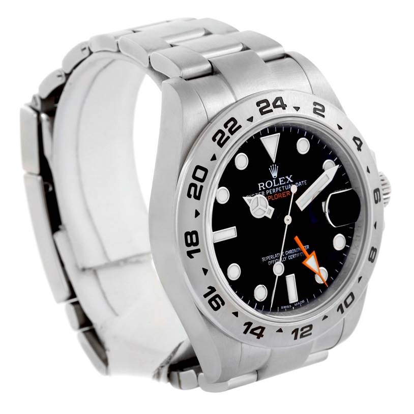 The watch, a Rolex Explorer 216570 Men's Stainless Steel Black Dial 216570 Men's Stainless Steel Black Dial model, is shown at a three-quarter angle, displaying the face, bezel, and part of the metal bracelet.