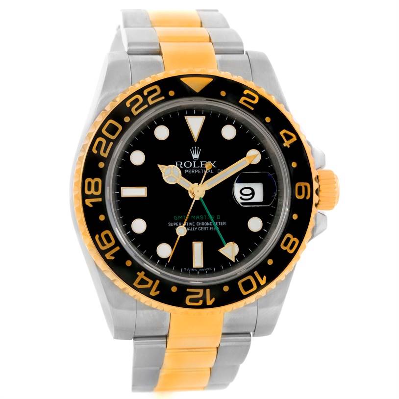 This Rolex GMT-Master 116713 Men's Stainless Steel Black Dial 116713 Men's Stainless Steel Black Dial watch is shown from the front, highlighting the dial, bezel, and part of the two-tone bracelet.