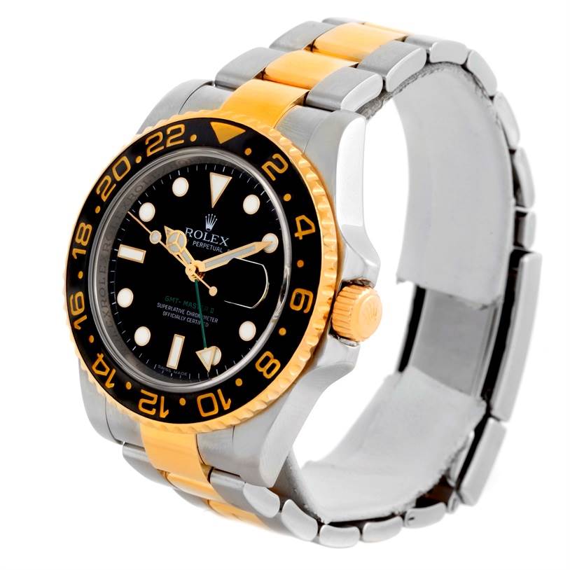 The image shows a side angle of a Rolex GMT-Master 116713 Men's Stainless Steel Black Dial 116713 Men's Stainless Steel Black Dial watch, highlighting its bezel, dial, and two-tone bracelet.