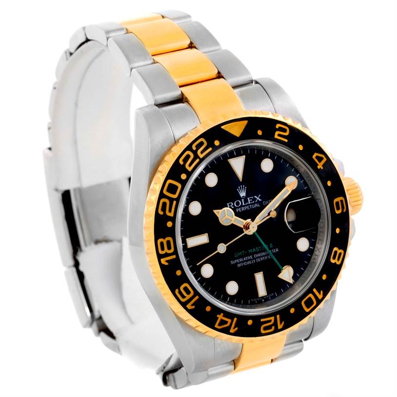 This Rolex GMT-Master 116713 Men's Stainless Steel Black Dial 116713 Men's Stainless Steel Black Dial watch is shown at a three-quarter angle, highlighting its bezel, dial, case, and two-tone bracelet.