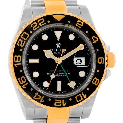 Photo of Rolex GMT Master II Mens 18k Gold Steel Black Dial Watch 116713
