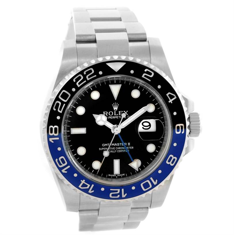 This is a front-facing view of a Rolex GMT-Master 116710 Men's Stainless Steel Black Dial 116710 Men's Stainless Steel Black Dial II watch, displaying its dial, bezel, bracelet, and crown.