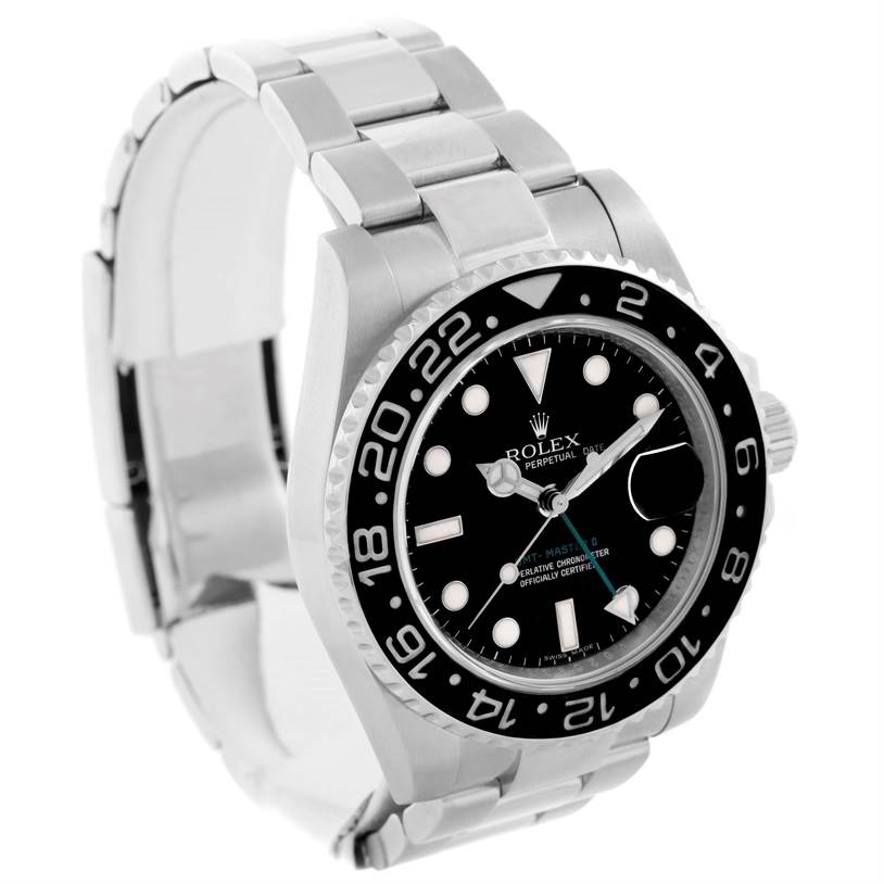 This image shows a Rolex GMT-Master 116710BKSO Men's Stainless Steel Black Dial 116710BKSO Men's Stainless Steel Black Dial watch from a front angle, highlighting the face, bezel, and part of the bracelet.
