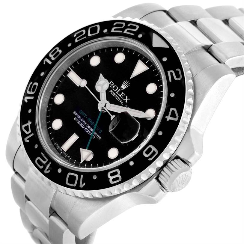 The Rolex GMT-Master 116710BKSO Men's Stainless Steel Black Dial 116710BKSO Men's Stainless Steel Black Dial watch is shown at a slight angle, highlighting the bezel, dial, crown, and part of the bracelet.