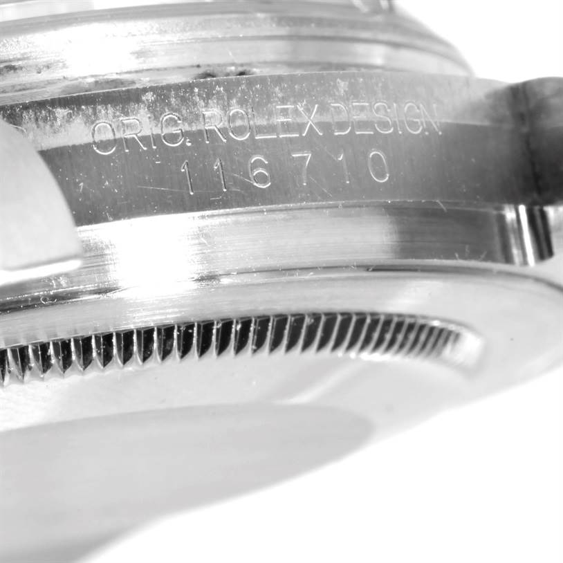 The image shows an angled close-up of the side casing and engraving on a Rolex GMT-Master 116710BKSO Men's Stainless Steel Black Dial 116710BKSO Men's Stainless Steel Black Dial, displaying "ORIG. ROLEX DESIGN 116710".