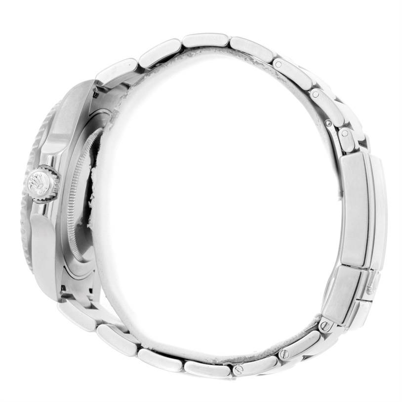 The image shows a side view of a Rolex GMT-Master 116710BKSO Men's Stainless Steel Black Dial 116710BKSO Men's Stainless Steel Black Dial watch, displaying the crown and the metal bracelet.