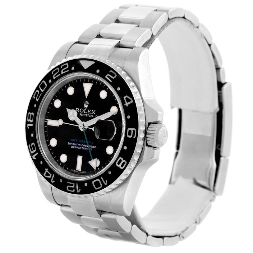 The Rolex GMT-Master 116710BKSO Men's Stainless Steel Black Dial 116710BKSO Men's Stainless Steel Black Dial watch is shown at a three-quarter angle, displaying the face, bezel, and part of the bracelet.