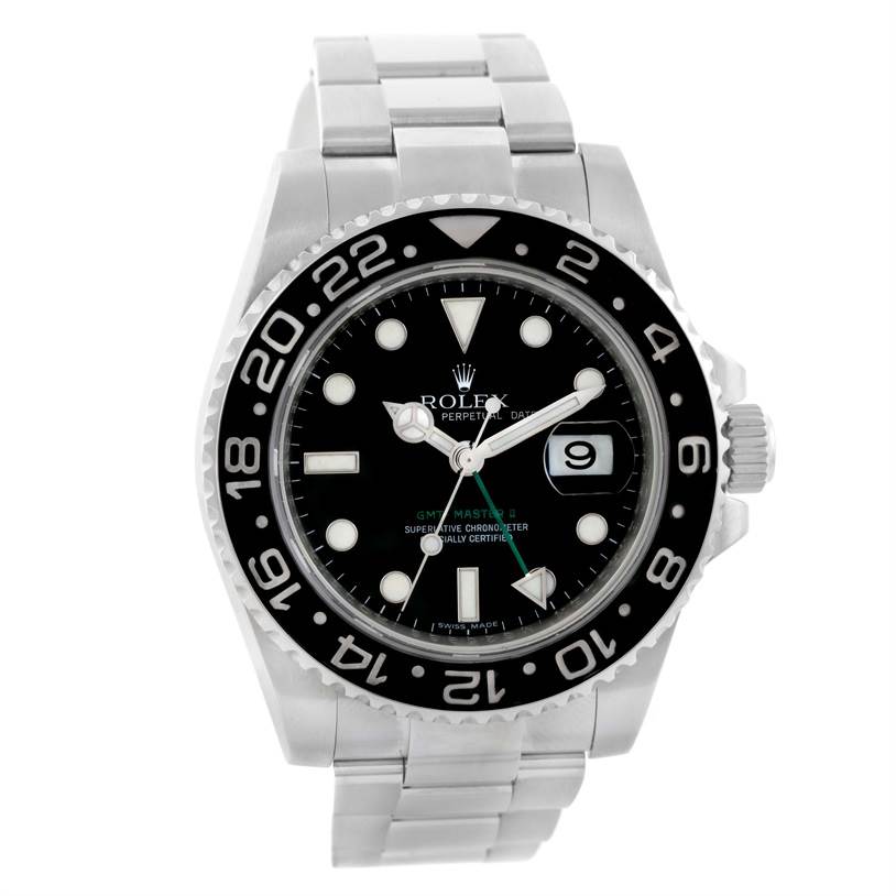 The image shows a front view of a Rolex GMT-Master 116710BKSO Men's Stainless Steel Black Dial 116710BKSO Men's Stainless Steel Black Dial II watch, highlighting its face, bezel, and part of the bracelet.