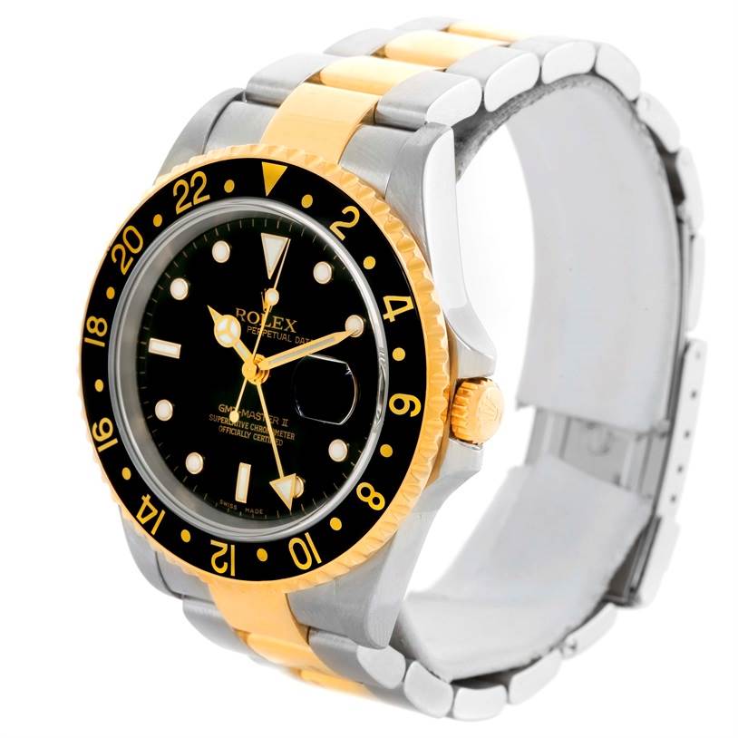 The image shows a Rolex GMT-Master 16713 Men's Stainless Steel Black Dial 16713 Men's Stainless Steel Black Dial watch at a three-quarter angle, highlighting the black bezel, dial, and two-tone bracelet.