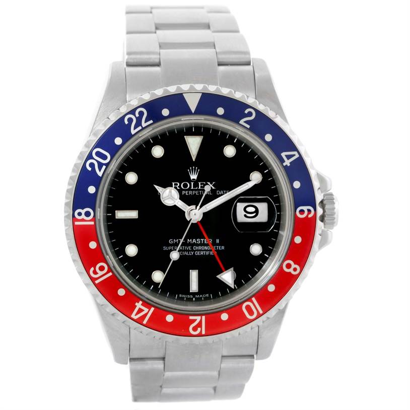 The Rolex GMT-Master 16710 Men
s Stainless Steel Black Dial 16710 Men
s Stainless Steel Black Dial II watch is shown from a front angle, highlighting its bezel, dial, case, and bracelet.