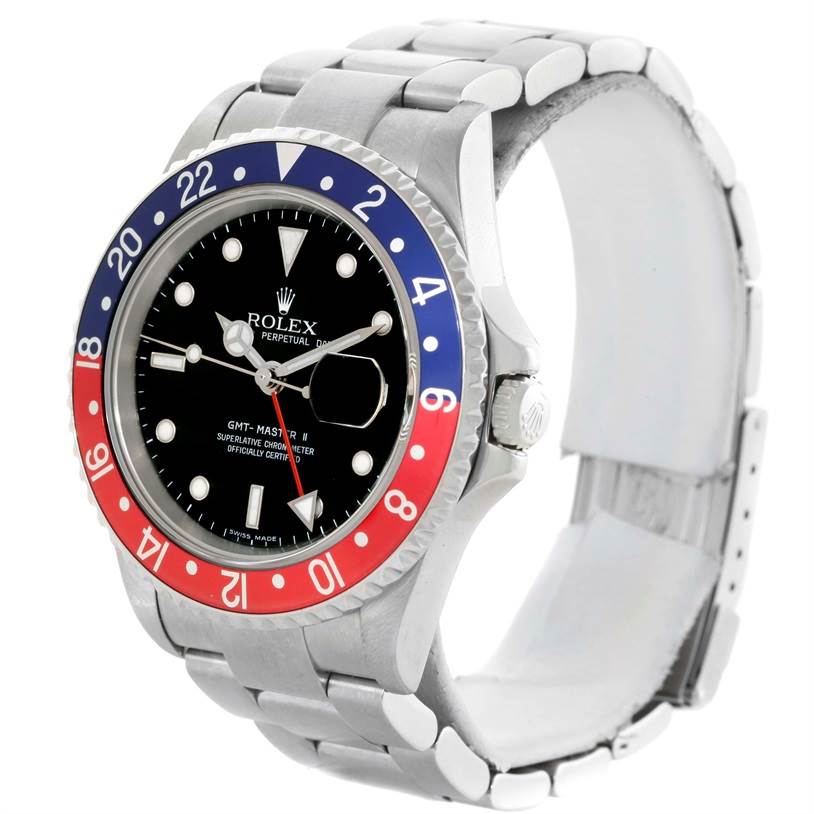 The Rolex GMT-Master 16710 Men
s Stainless Steel Black Dial 16710 Men
s Stainless Steel Black Dial watch is shown at a three-quarter angle, displaying the bezel, dial, and bracelet.