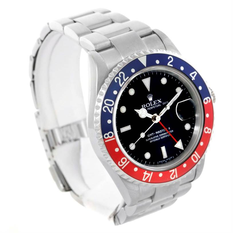 The Rolex GMT-Master 16710 Men
s Stainless Steel Black Dial 16710 Men
s Stainless Steel Black Dial watch is shown at a three-quarter angle, highlighting the face, bezel, and bracelet.
