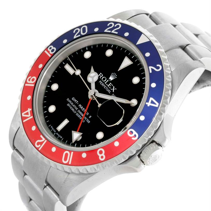 This image shows a side and front angle view of the Rolex GMT-Master 16710 Men
s Stainless Steel Black Dial 16710 Men
s Stainless Steel Black Dial watch, highlighting the dial, bezel, and bracelet.