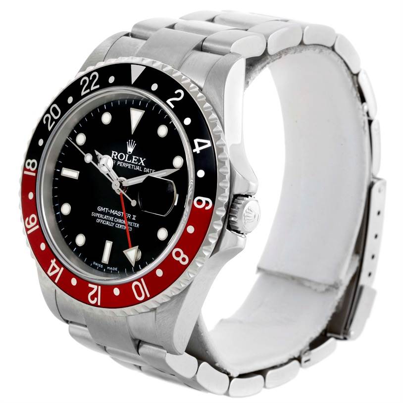 The image shows a front angled view of the Rolex GMT-Master 16710 Men's Stainless Steel Black Dial 16710 Men's Stainless Steel Black Dial II, displaying its bezel, dial, and metal bracelet.