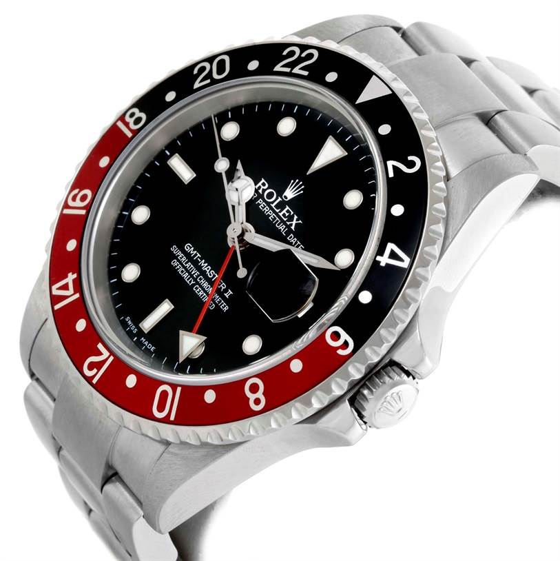 This image shows a close-up, angled view of the face and bezel of the Rolex GMT-Master 16710 Men's Stainless Steel Black Dial 16710 Men's Stainless Steel Black Dial II watch.