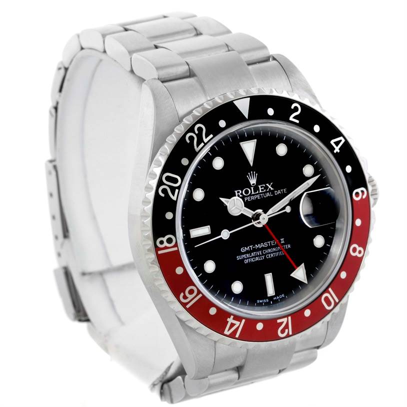 The Rolex GMT-Master 16710 Men's Stainless Steel Black Dial 16710 Men's Stainless Steel Black Dial watch is shown at a three-quarter angle, highlighting the face, bezel, case, and part of the bracelet.