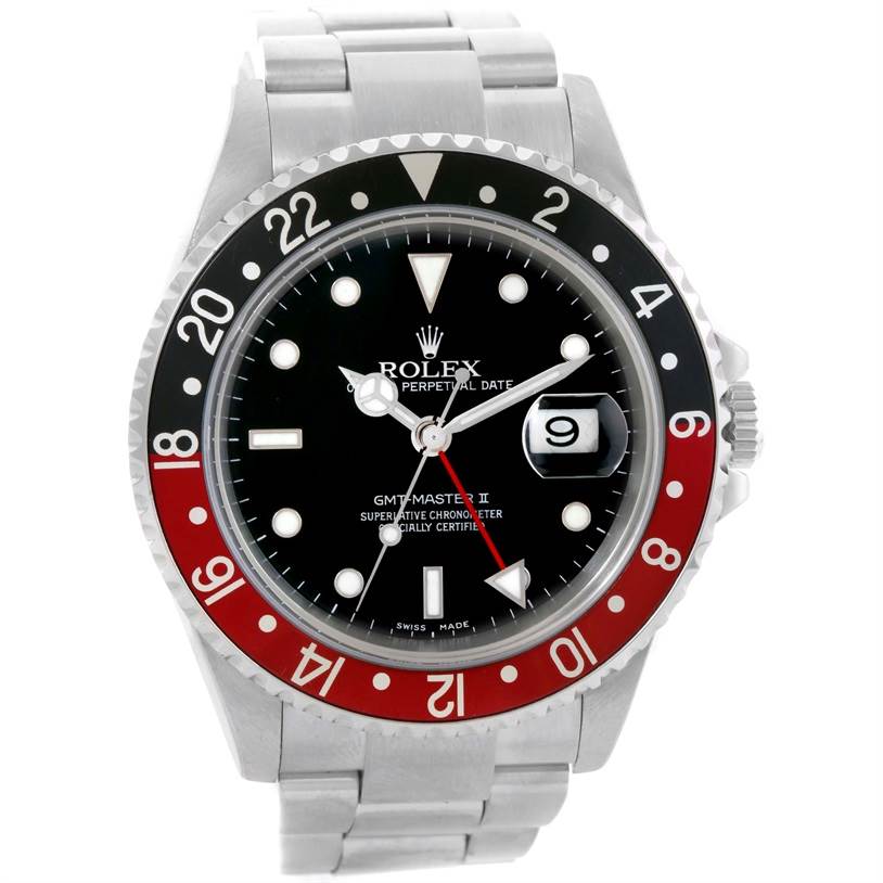 This image shows a front view of the Rolex GMT-Master 16710 Men's Stainless Steel Black Dial 16710 Men's Stainless Steel Black Dial II, featuring its dial, bezel, date window, and a portion of its bracelet.