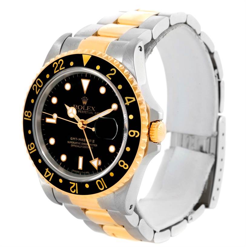 The image shows a three-quarters angle of a Rolex GMT-Master 16713 Men's Stainless Steel Black Dial 16713 Men's Stainless Steel Black Dial watch, highlighting its dial, bezel, crown, and bracelet.