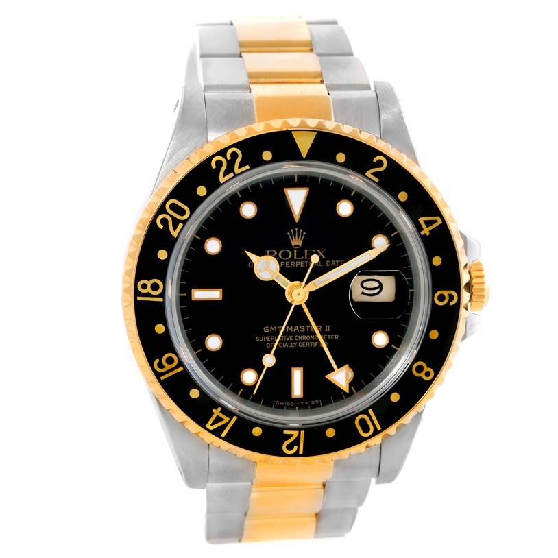 The image shows a front view of a Rolex GMT-Master 16713 Men's Stainless Steel Black Dial 16713 Men's Stainless Steel Black Dial II watch, displaying its dial, bezel, and two-tone bracelet.