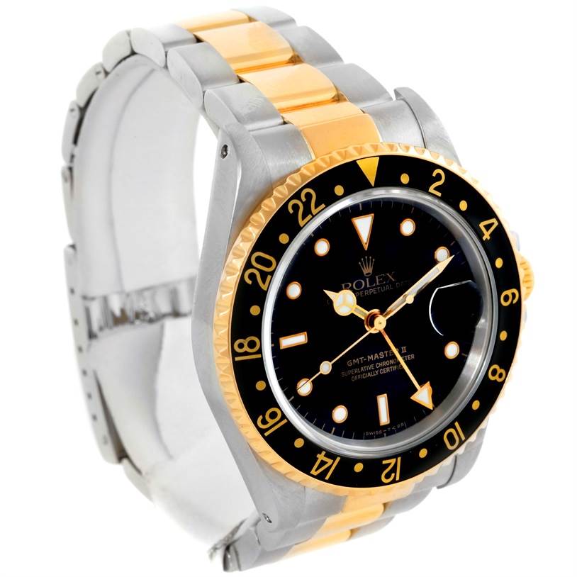 The image shows a Rolex GMT-Master 16713 Men's Stainless Steel Black Dial 16713 Men's Stainless Steel Black Dial watch from an angled perspective, displaying the face, bezel, and two-tone metal bracelet.