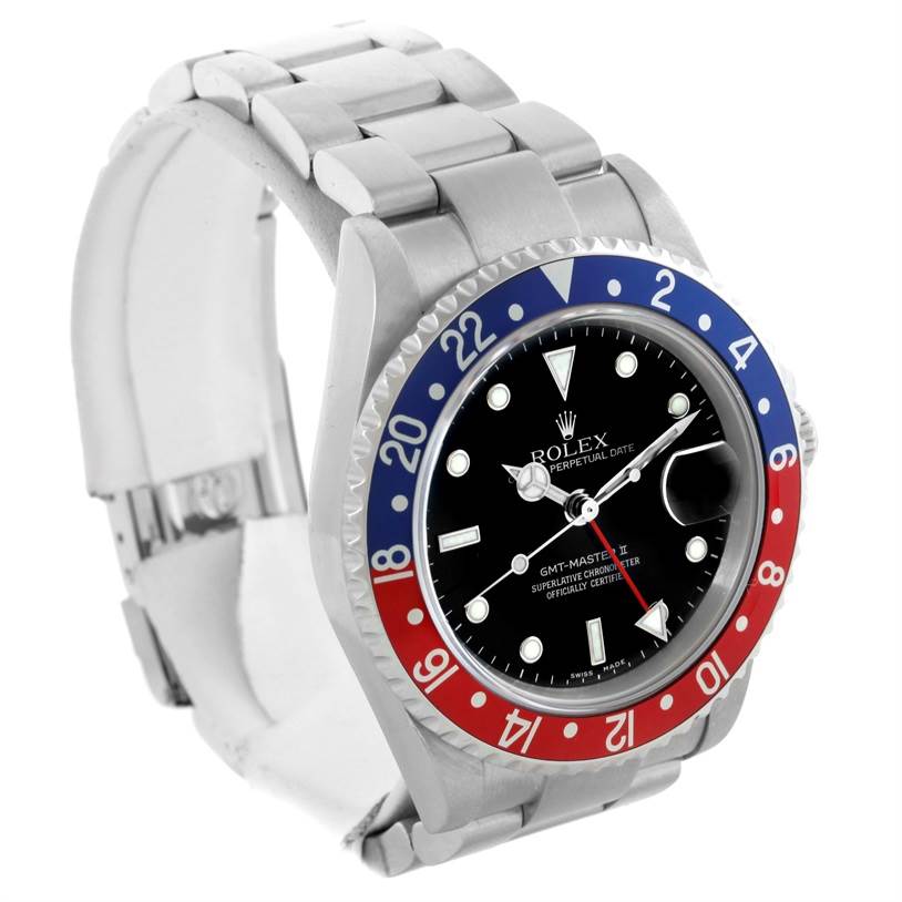 The Rolex GMT-Master 16710 Men's Stainless Steel Black Dial 16710 Men's Stainless Steel Black Dial watch, shown at a slight angle, displays its bezel, dial, hands, bracelet, and crown.