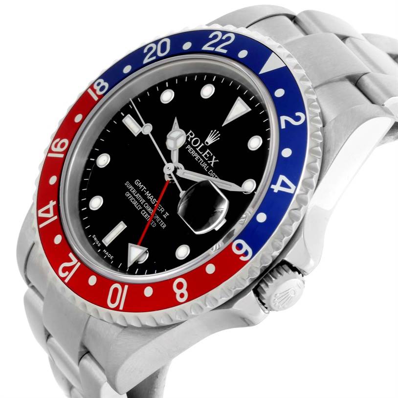 The image shows a side angle of the Rolex GMT-Master 16710 Men's Stainless Steel Black Dial 16710 Men's Stainless Steel Black Dial watch, highlighting its bezel, dial, and part of its bracelet.