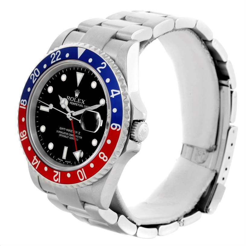 This image shows a side angle of the Rolex GMT-Master 16710 Men's Stainless Steel Black Dial 16710 Men's Stainless Steel Black Dial II, highlighting the dial, bezel, bracelet, and crown.