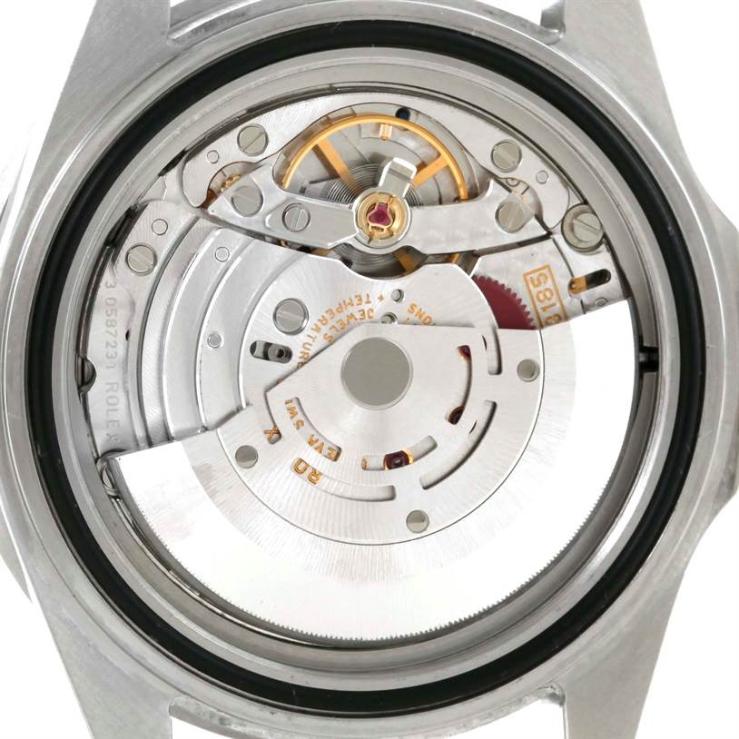 This is a close-up view of the internal movement mechanism of a Rolex GMT-Master 16710 Men's Stainless Steel Black Dial 16710 Men's Stainless Steel Black Dial watch, showcasing its intricate components.