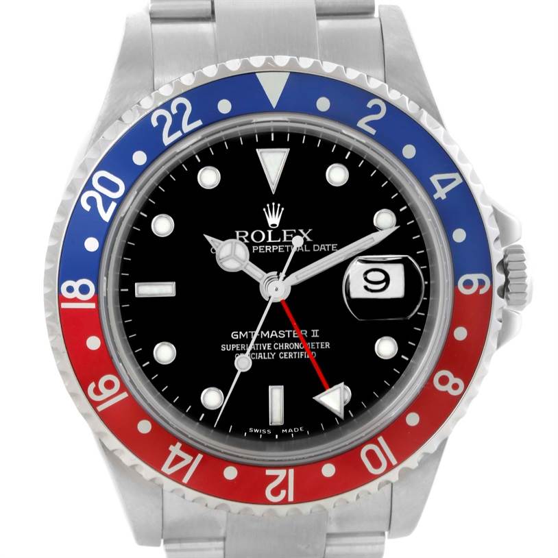 The image depicts a frontal view of a Rolex GMT-Master 16710 Men's Stainless Steel Black Dial 16710 Men's Stainless Steel Black Dial II watch, showcasing its dial, bezel, and bracelet.