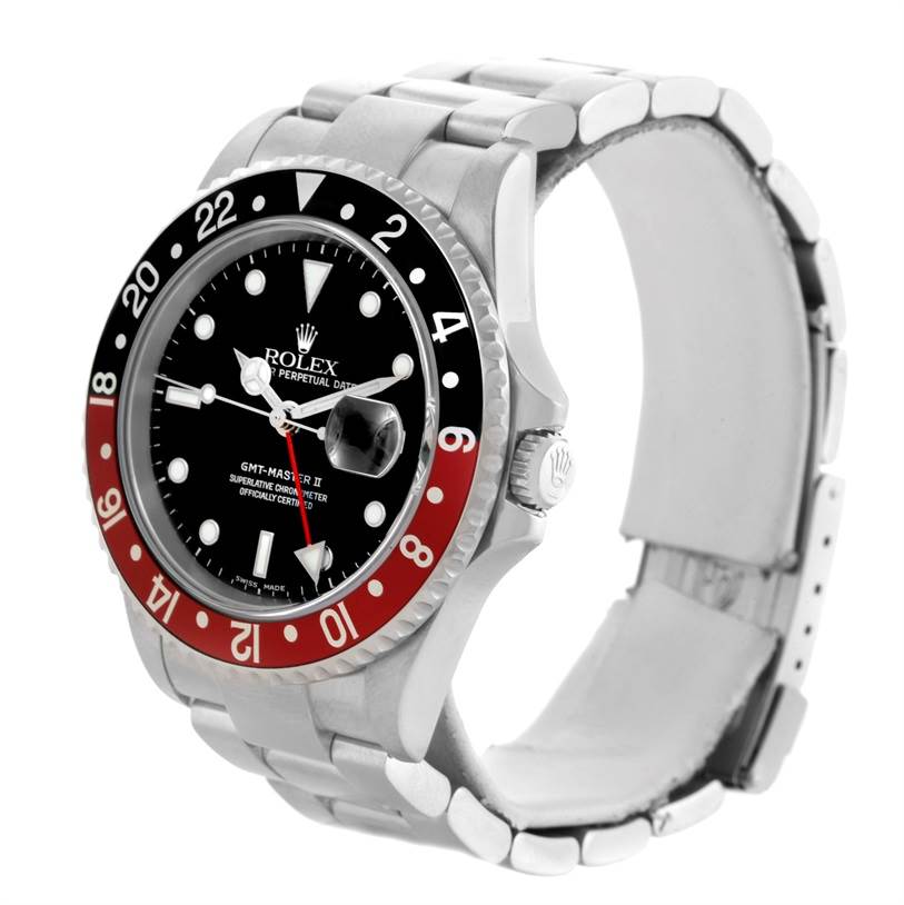 The image shows a Rolex GMT-Master 16710 Men's Stainless Steel Black Dial 16710 Men's Stainless Steel Black Dial II watch from a 3/4 angle, highlighting the bezel, dial, crown, and bracelet.