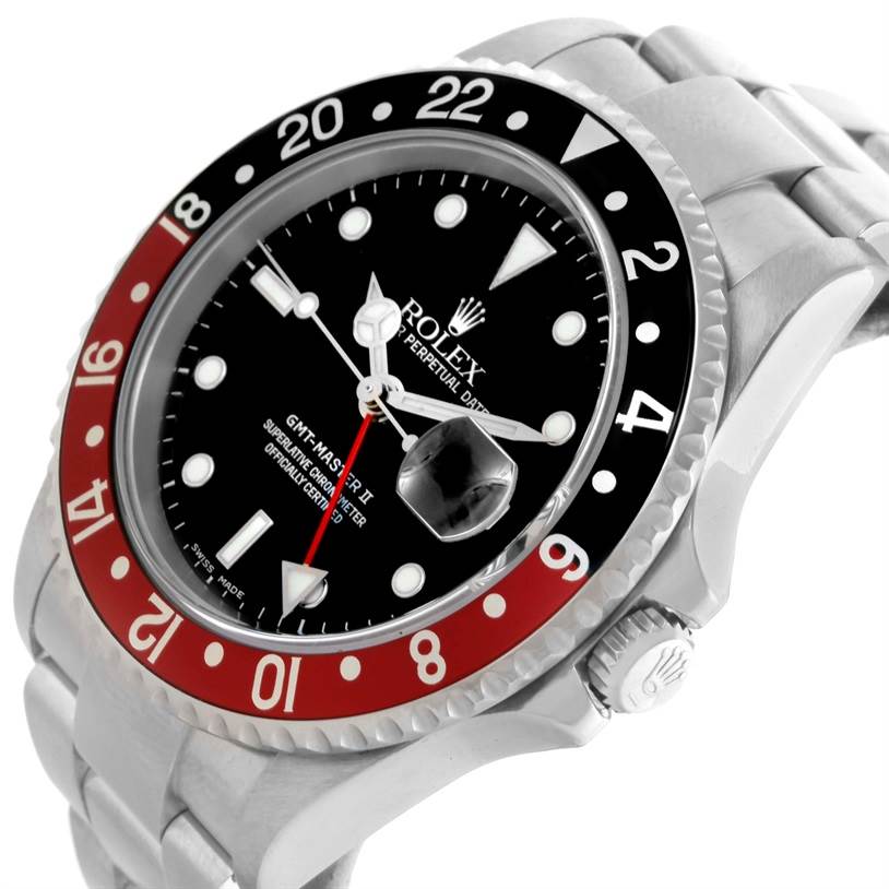 The image shows a close-up, angled view of a Rolex GMT-Master 16710 Men's Stainless Steel Black Dial 16710 Men's Stainless Steel Black Dial II watch, highlighting the bezel, dial, and bracelet.