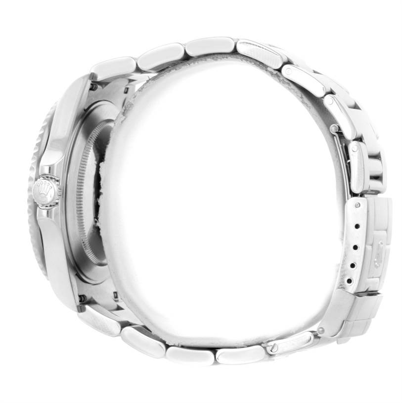 This image shows a side view of the Rolex GMT-Master 16710 Men's Stainless Steel Black Dial 16710 Men's Stainless Steel Black Dial watch, focusing on its case, bracelet, and crown.