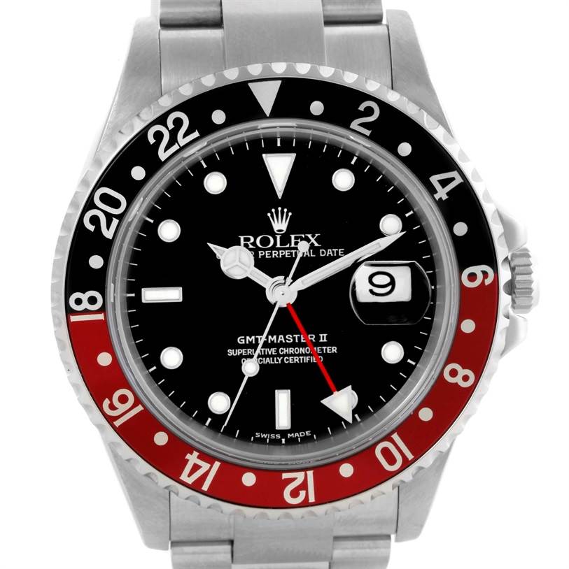 The image shows a front view of a Rolex GMT-Master 16710 Men's Stainless Steel Black Dial 16710 Men's Stainless Steel Black Dial II watch, displaying its bezel, face, hands, and date window.