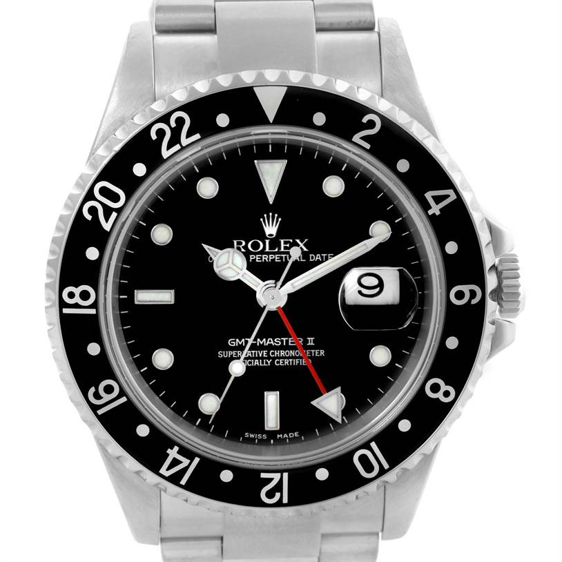The image shows a front view of a Rolex GMT-Master 16710 Men's Stainless Steel Black Dial 16710 Men's Stainless Steel Black Dial II watch, highlighting the dial, bezel, and bracelet.