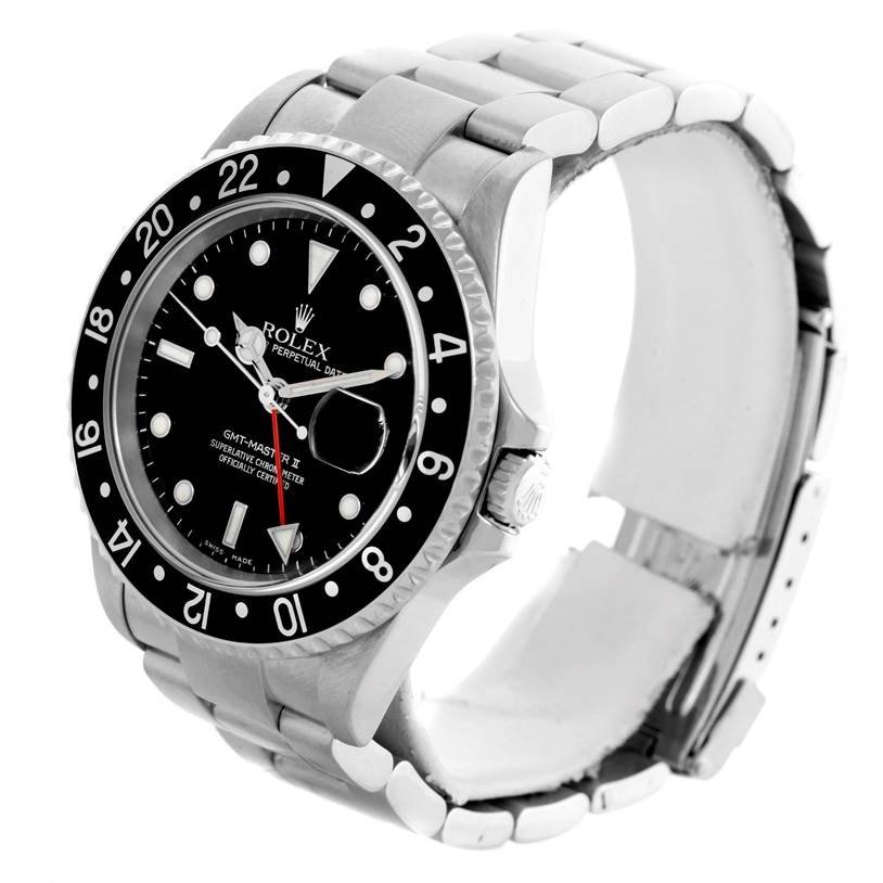 The image shows a Rolex GMT-Master 16710 Men's Stainless Steel Black Dial 16710 Men's Stainless Steel Black Dial watch at a 3/4 angle, revealing the face, bezel, crown, and metal bracelet.