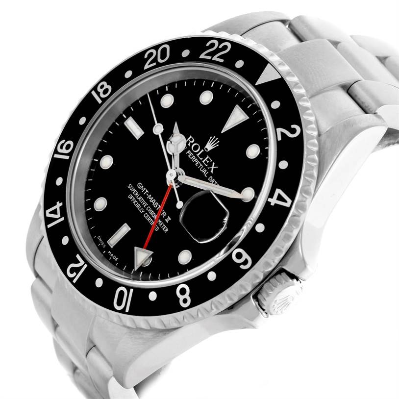 The image shows a Rolex GMT-Master 16710 Men's Stainless Steel Black Dial 16710 Men's Stainless Steel Black Dial watch at an angled close-up, highlighting the dial, bezel, and part of the bracelet.