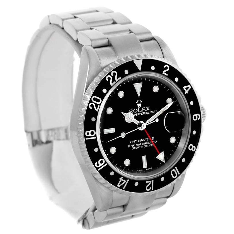 The image shows a front-angle view of the Rolex GMT-Master 16710 Men's Stainless Steel Black Dial 16710 Men's Stainless Steel Black Dial watch, highlighting the dial, bezel, and bracelet.