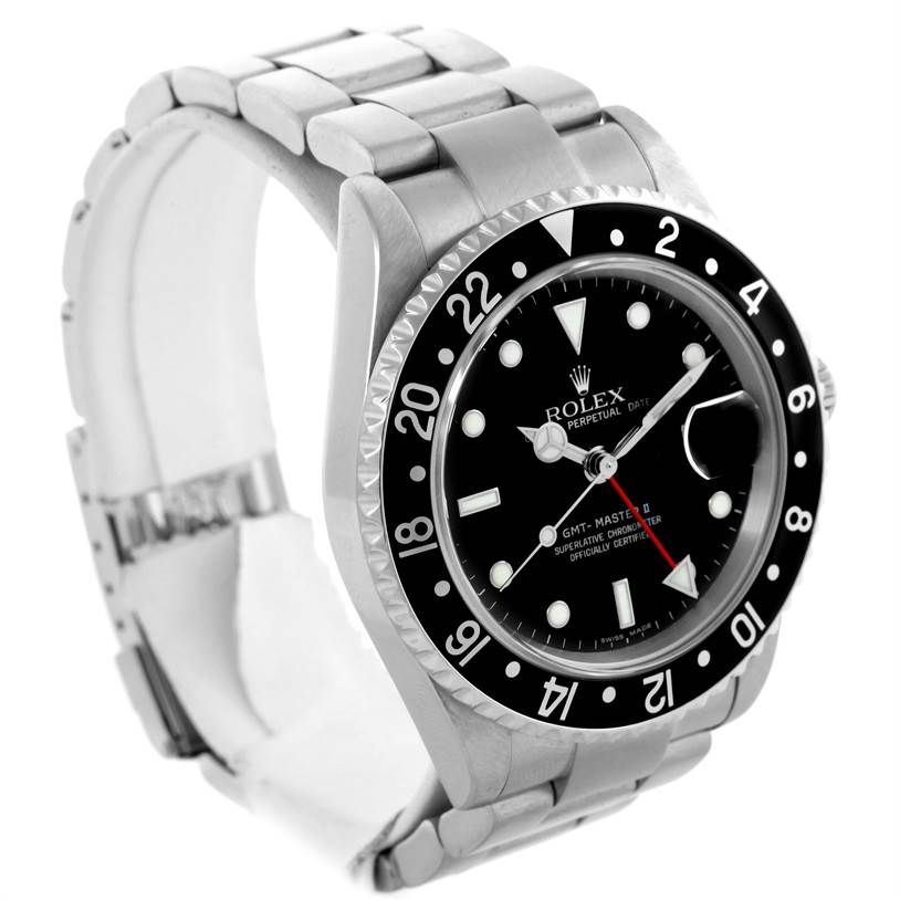 The Rolex GMT-Master 16710 Men's Stainless Steel Black Dial 16710 Men's Stainless Steel Black Dial watch is shown at a three-quarter angle, displaying its face, bezel, and bracelet.