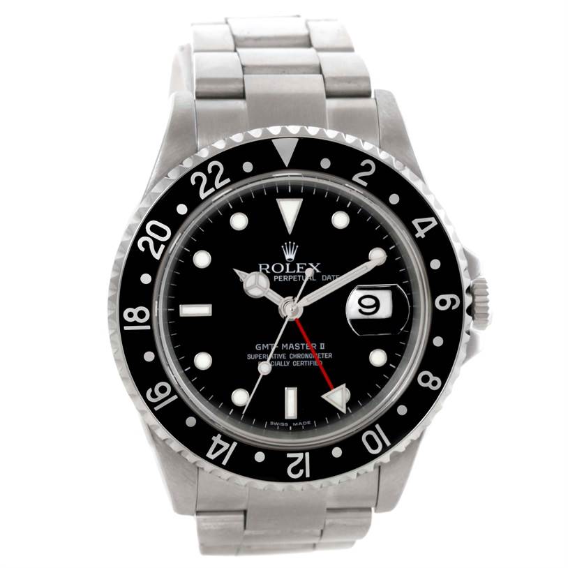 This image shows a front view of the Rolex GMT-Master 16710 Men's Stainless Steel Black Dial 16710 Men's Stainless Steel Black Dial II, highlighting the face, bezel, bracelet, and crown.
