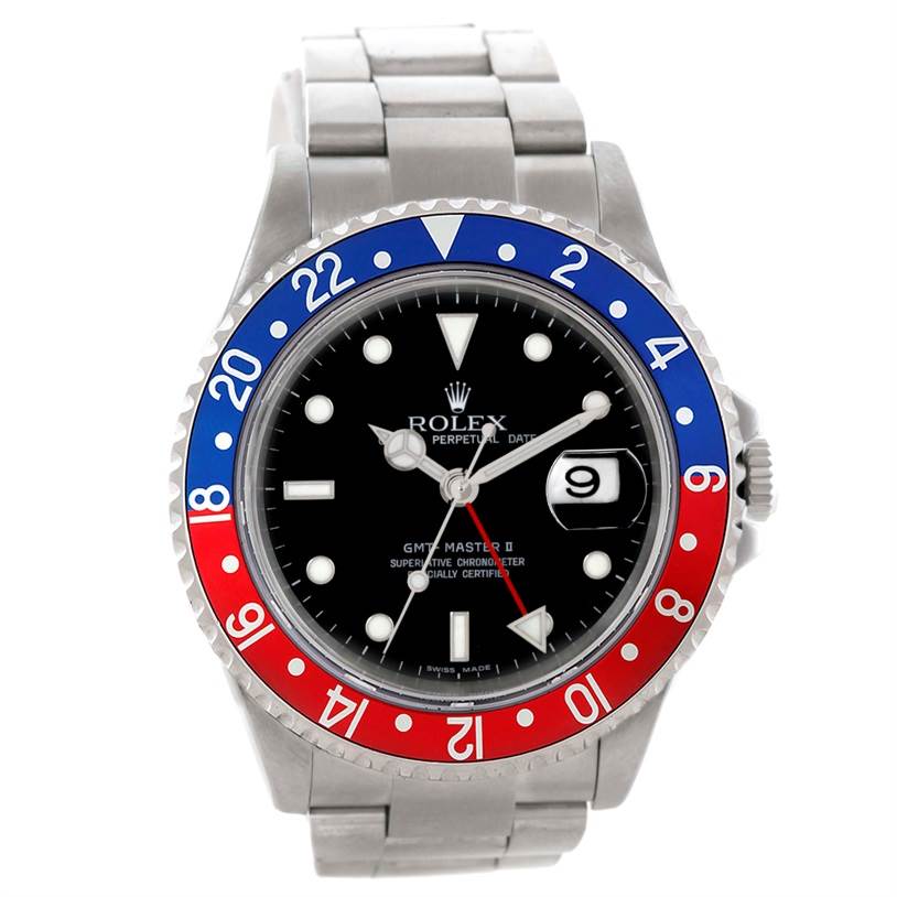 This image shows a front view of a Rolex GMT-Master 16710 Men's Stainless Steel Black Dial 16710 Men's Stainless Steel Black Dial II watch displaying the face, bezel, and part of the bracelet.